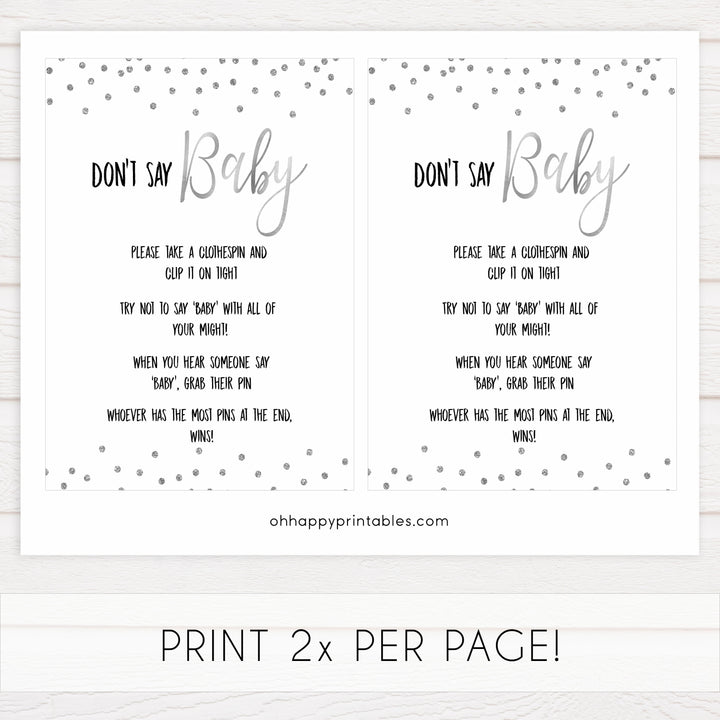 dont say baby game, Printable baby shower games, baby silver glitter fun baby games, baby shower games, fun baby shower ideas, top baby shower ideas, silver glitter shower baby shower, friends baby shower ideas