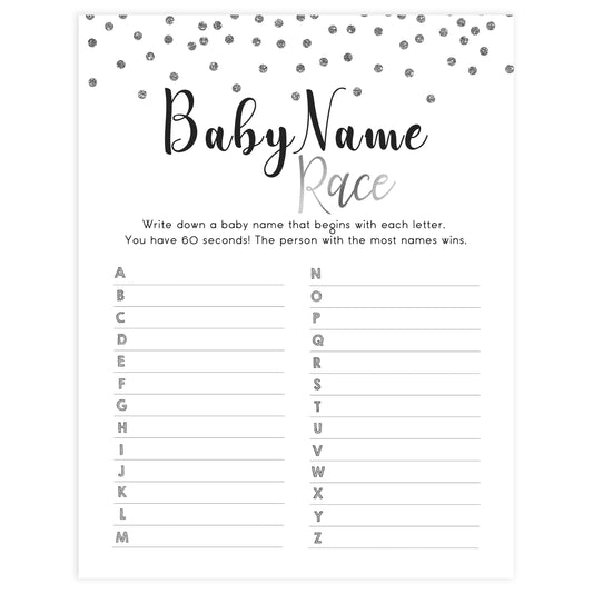baby name race, Printable baby shower games, baby silver glitter fun baby games, baby shower games, fun baby shower ideas, top baby shower ideas, silver glitter shower baby shower, friends baby shower ideas
