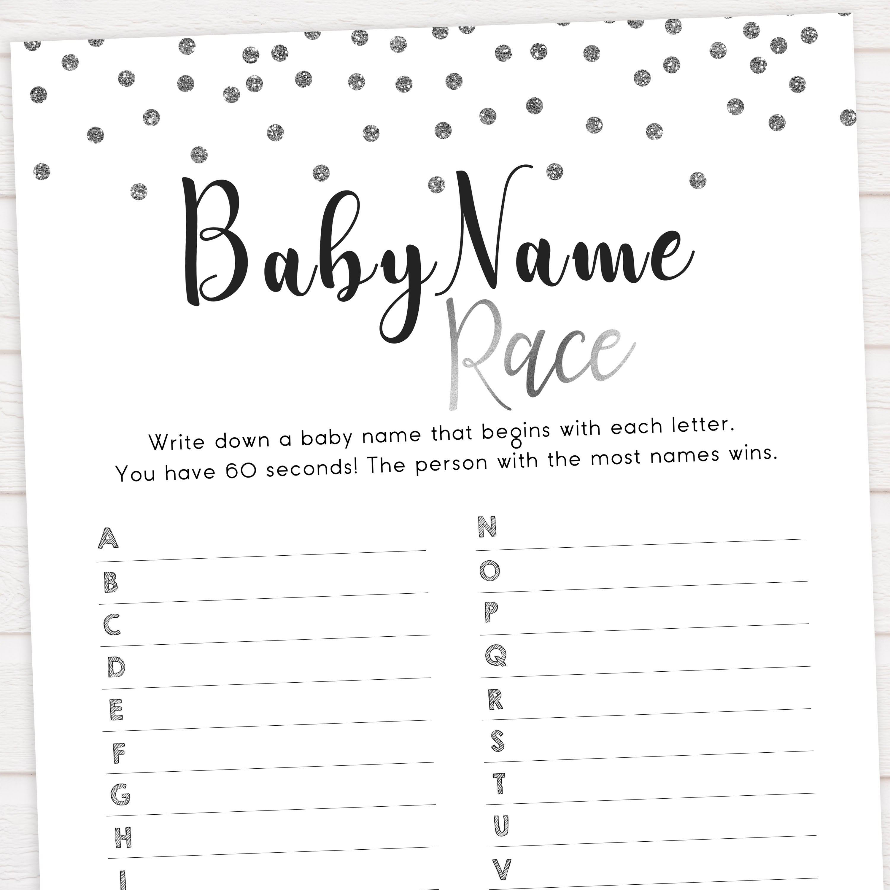 baby name race, Printable baby shower games, baby silver glitter fun baby games, baby shower games, fun baby shower ideas, top baby shower ideas, silver glitter shower baby shower, friends baby shower ideas