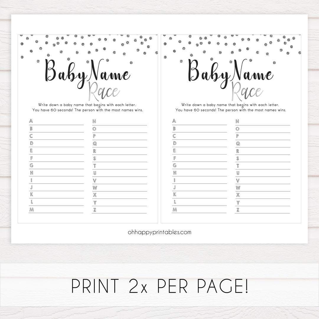 baby name race, Printable baby shower games, baby silver glitter fun baby games, baby shower games, fun baby shower ideas, top baby shower ideas, silver glitter shower baby shower, friends baby shower ideas
