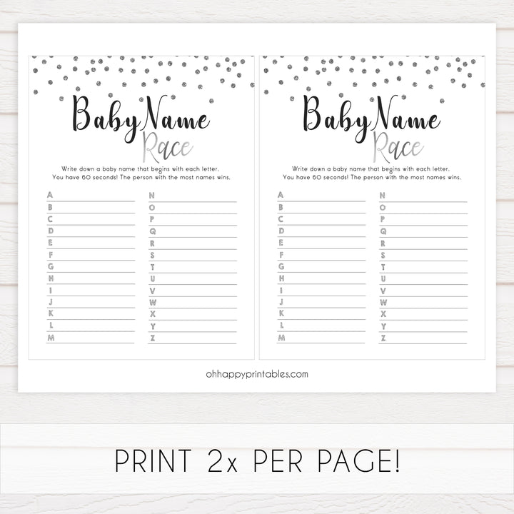 baby name race, Printable baby shower games, baby silver glitter fun baby games, baby shower games, fun baby shower ideas, top baby shower ideas, silver glitter shower baby shower, friends baby shower ideas