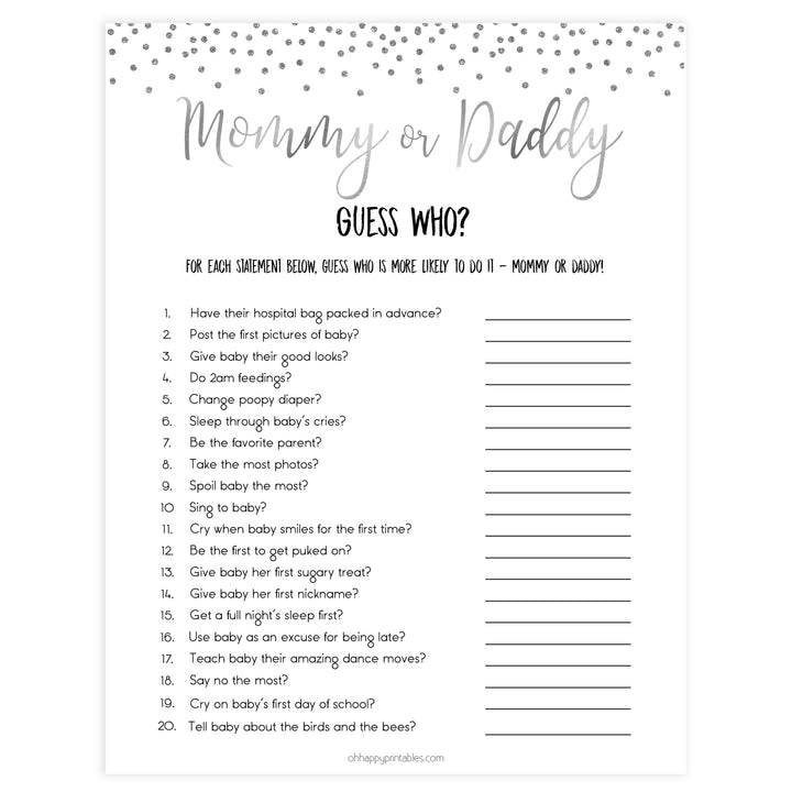 mommy or daddy guess who game, Printable baby shower games, baby silver glitter fun baby games, baby shower games, fun baby shower ideas, top baby shower ideas, silver glitter shower baby shower, friends baby shower ideas
