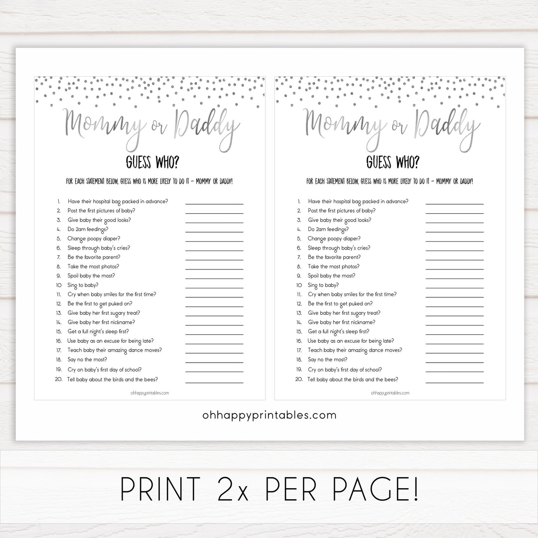 mommy or daddy guess who game, Printable baby shower games, baby silver glitter fun baby games, baby shower games, fun baby shower ideas, top baby shower ideas, silver glitter shower baby shower, friends baby shower ideas