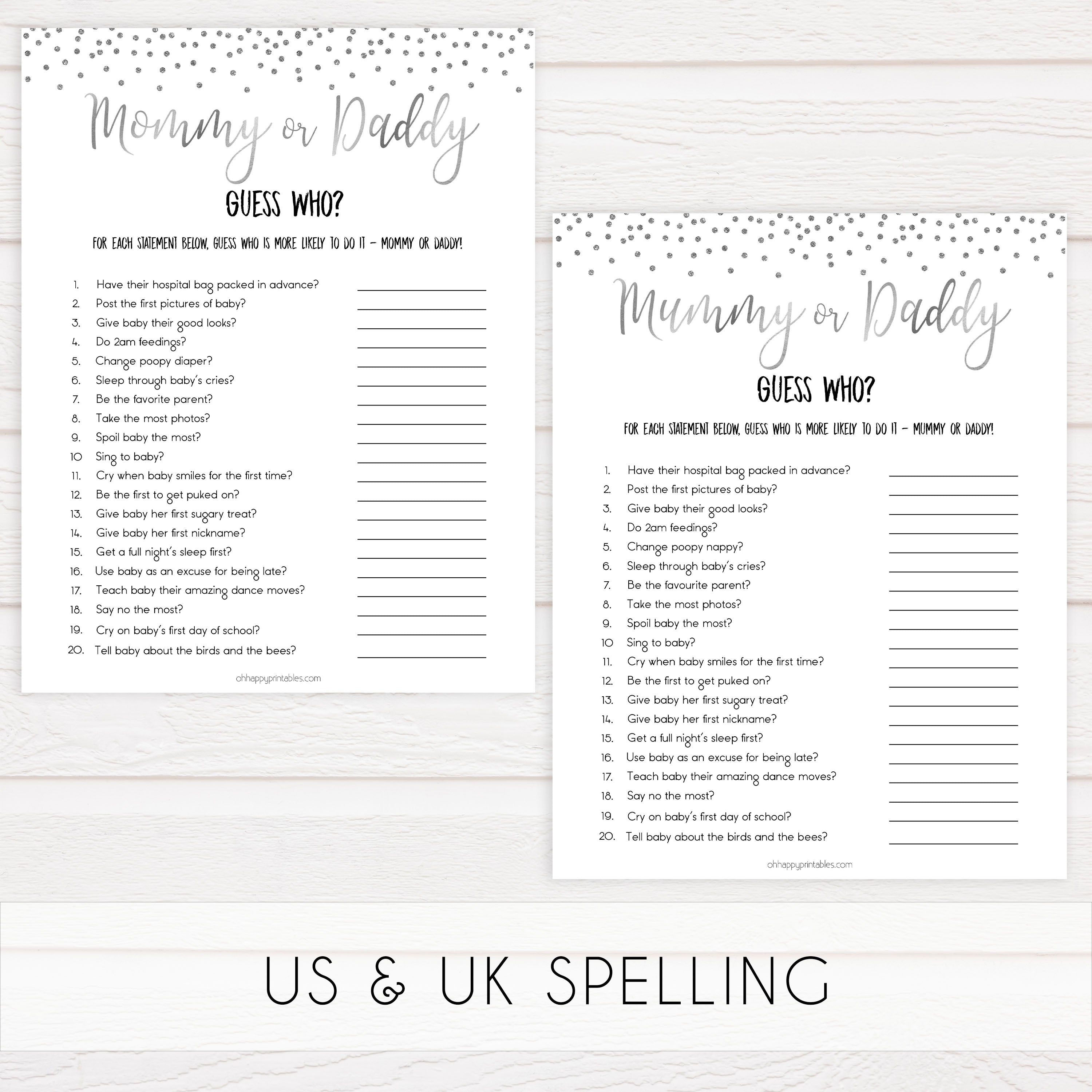 mommy or daddy guess who game, Printable baby shower games, baby silver glitter fun baby games, baby shower games, fun baby shower ideas, top baby shower ideas, silver glitter shower baby shower, friends baby shower ideas