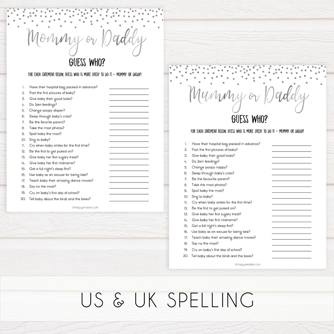 mommy or daddy guess who game, Printable baby shower games, baby silver glitter fun baby games, baby shower games, fun baby shower ideas, top baby shower ideas, silver glitter shower baby shower, friends baby shower ideas