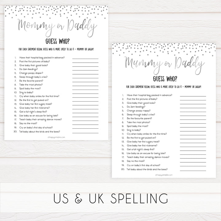 mommy or daddy guess who game, Printable baby shower games, baby silver glitter fun baby games, baby shower games, fun baby shower ideas, top baby shower ideas, silver glitter shower baby shower, friends baby shower ideas