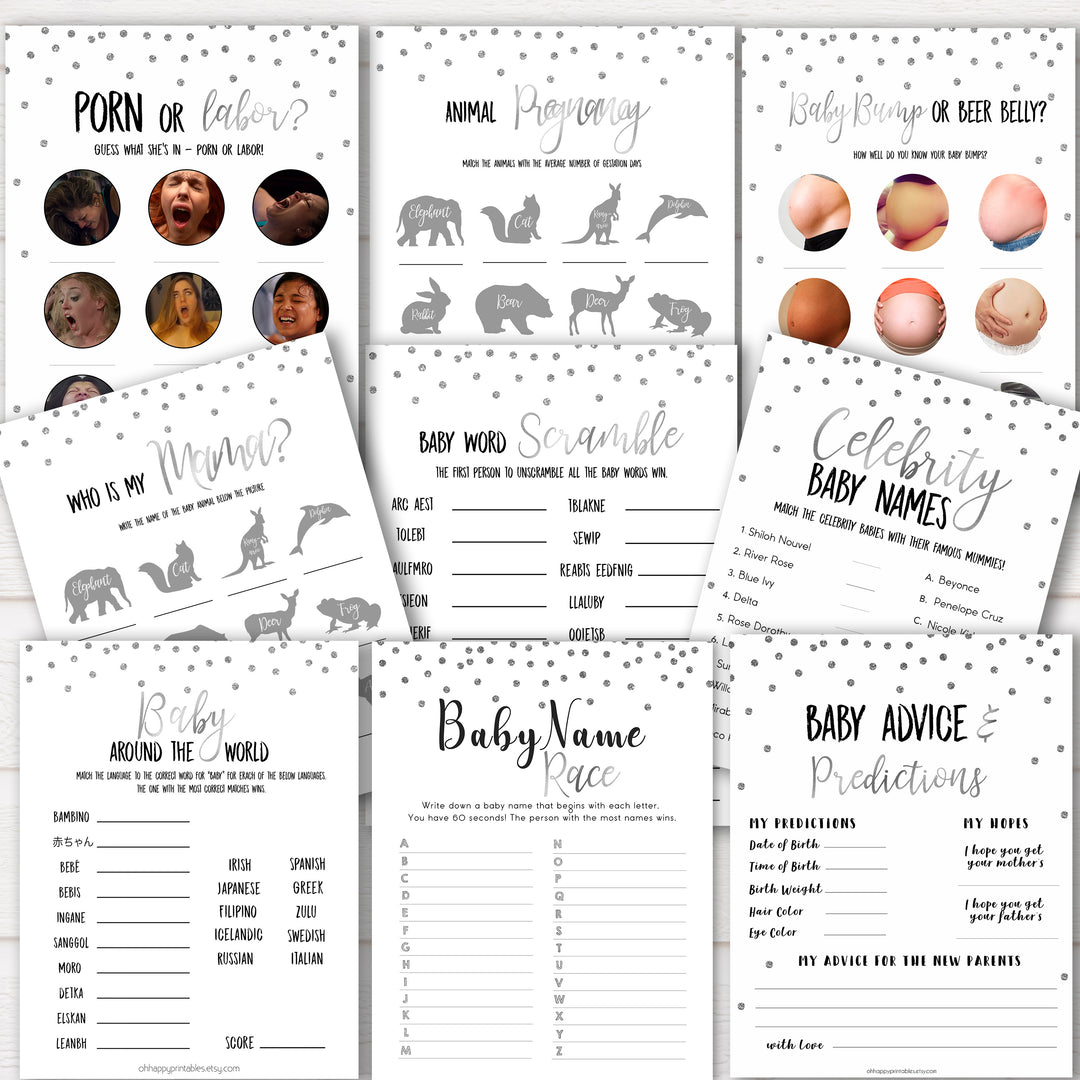 Silver Glitter MEGA Baby Shower Games 9 Pack Bundle