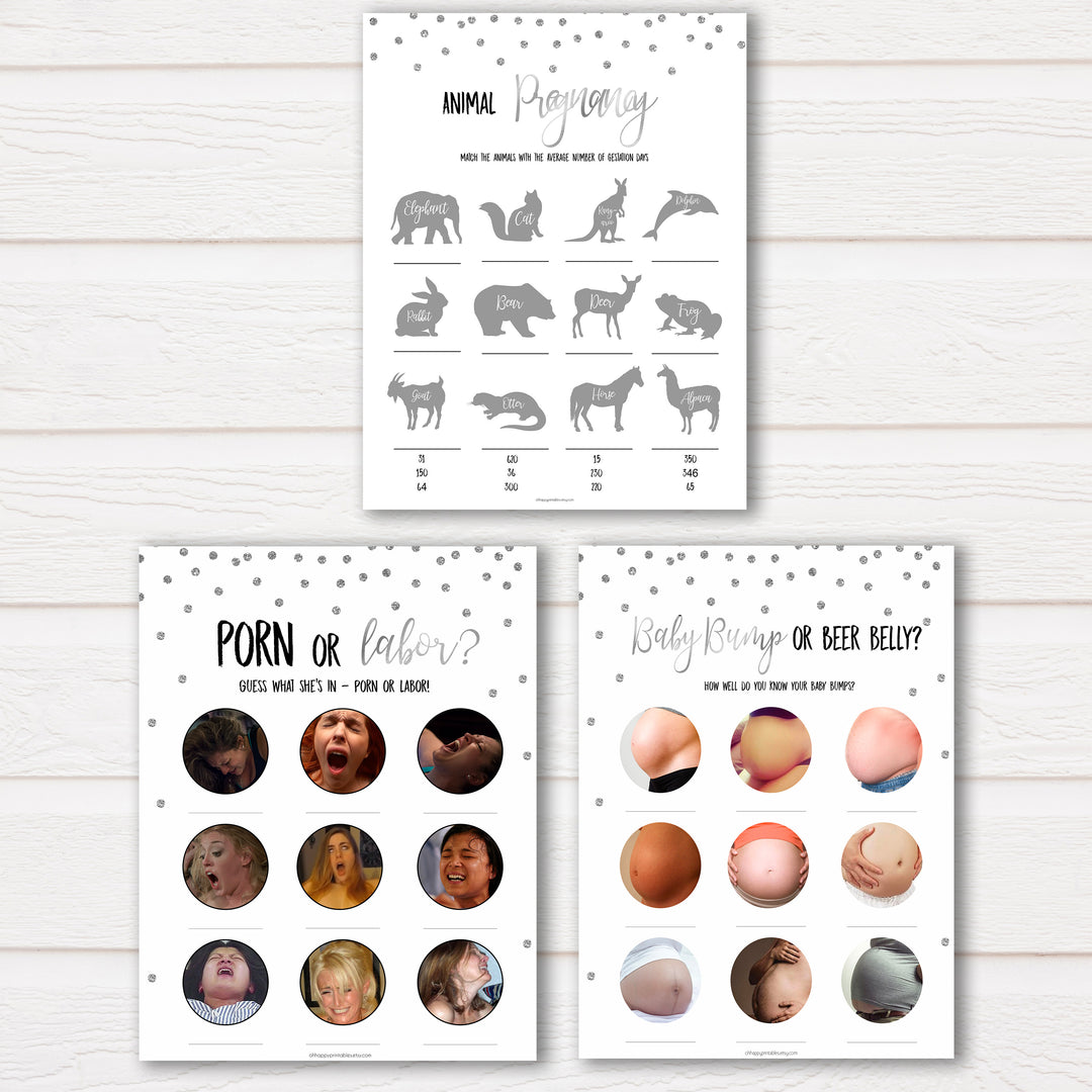 Silver Glitter MEGA Baby Shower Games 9 Pack Bundle