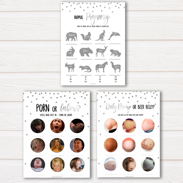 Silver Glitter MEGA Baby Shower Games 9 Pack Bundle