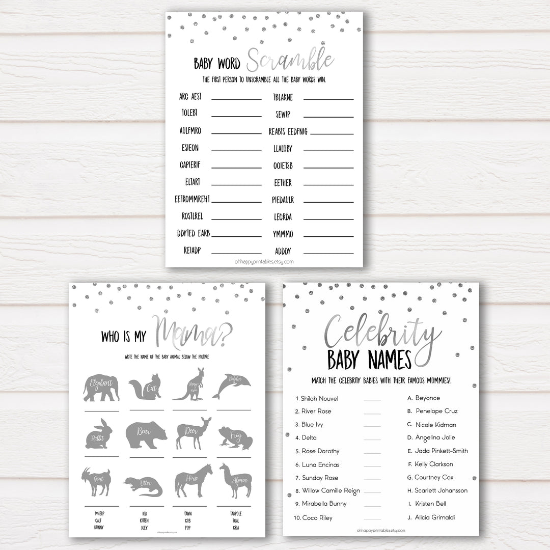Silver Glitter MEGA Baby Shower Games 9 Pack Bundle