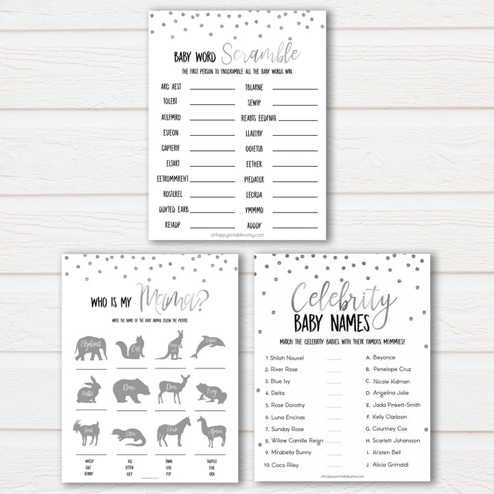Silver Glitter MEGA Baby Shower Games 9 Pack Bundle