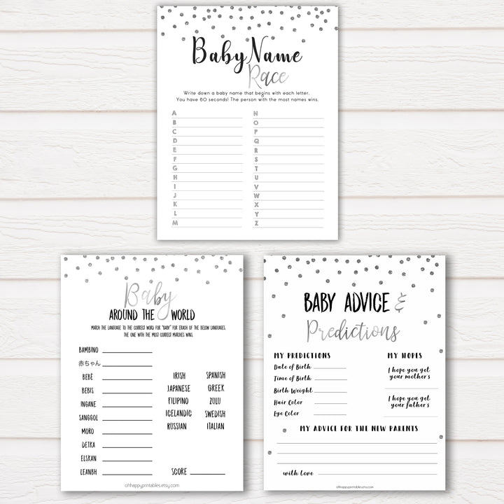 Silver Glitter MEGA Baby Shower Games 9 Pack Bundle