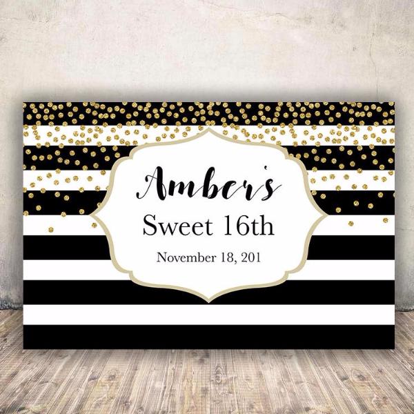 Sweet 16 Black & White Gold Glitter Backdrop Printable