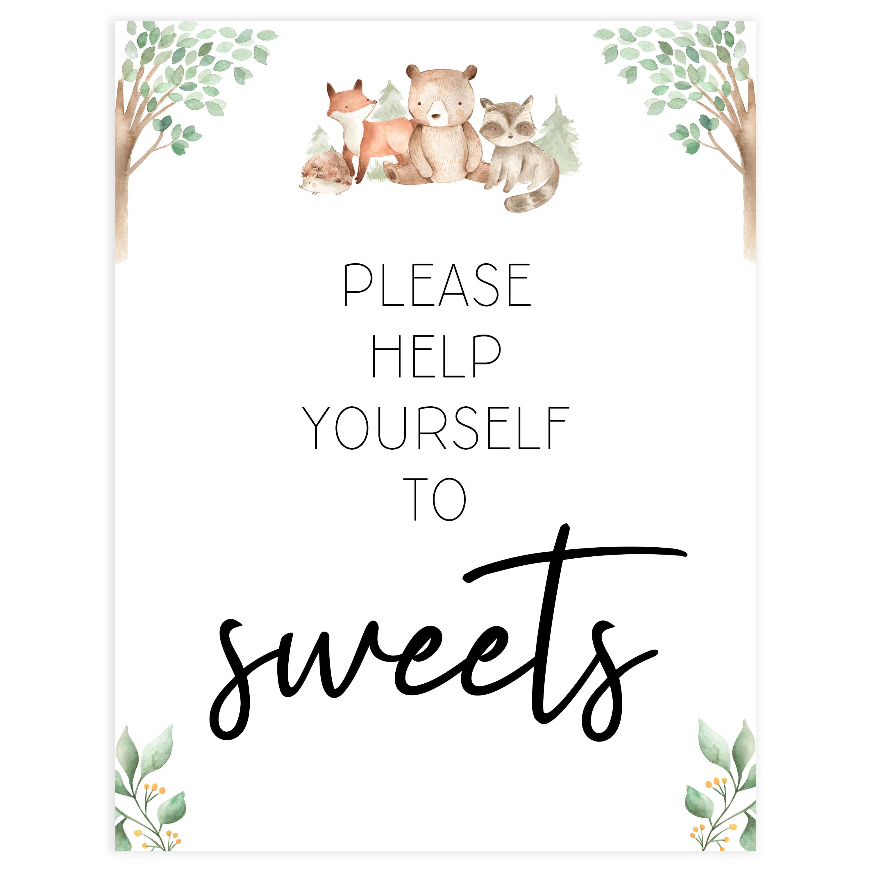 sweets baby shower table signs, Woodland animals baby decor, printable baby table signs, printable baby decor, baby woodland animals table signs, fun baby signs, baby woodland animals fun baby table signs