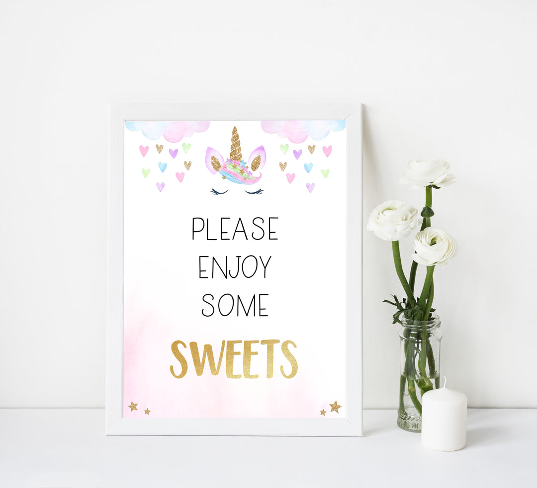 sweets baby shower table sign, Unicorn baby decor, printable baby table signs, printable baby decor, baby adventure table signs, fun baby signs, baby unicorn fun baby table signs
