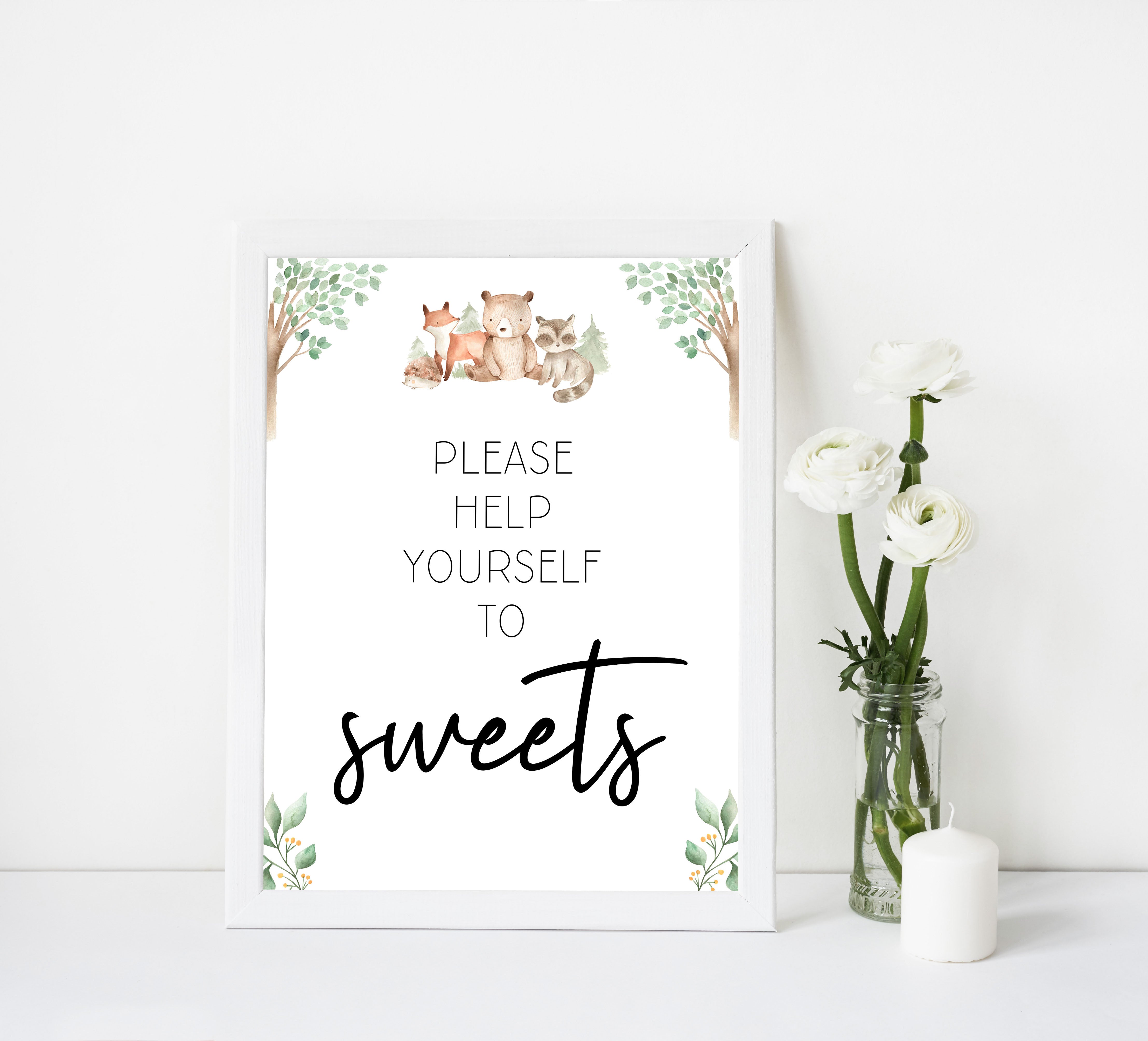 sweets baby shower table signs, Woodland animals baby decor, printable baby table signs, printable baby decor, baby woodland animals table signs, fun baby signs, baby woodland animals fun baby table signs