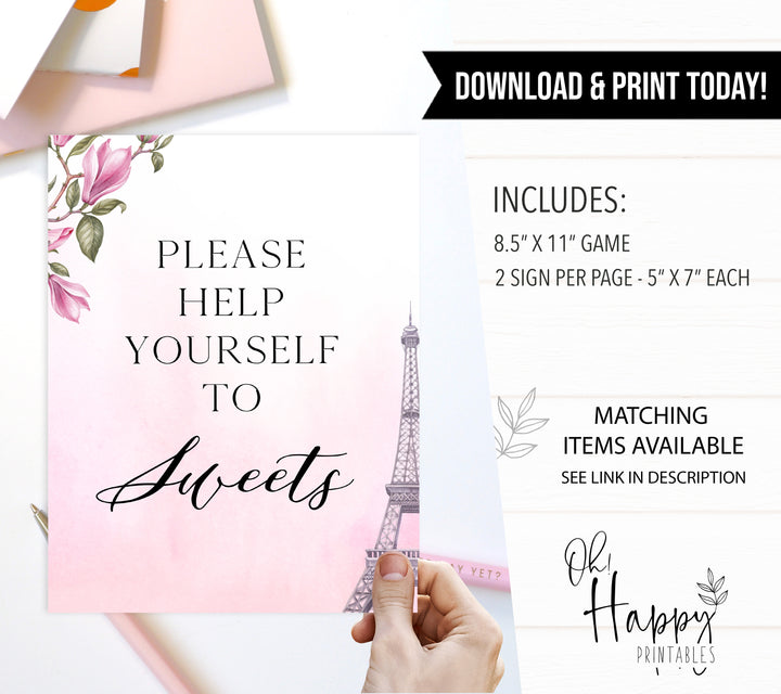 sweets baby shower table sign, Paris baby shower games, printable baby shower games, Parisian baby shower games, fun baby shower games