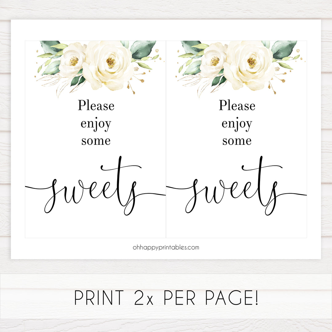 sweets baby shower table signs, White floral baby decor, printable baby table signs, printable baby decor, baby botanical table signs, fun baby signs, baby white floral fun baby table signs