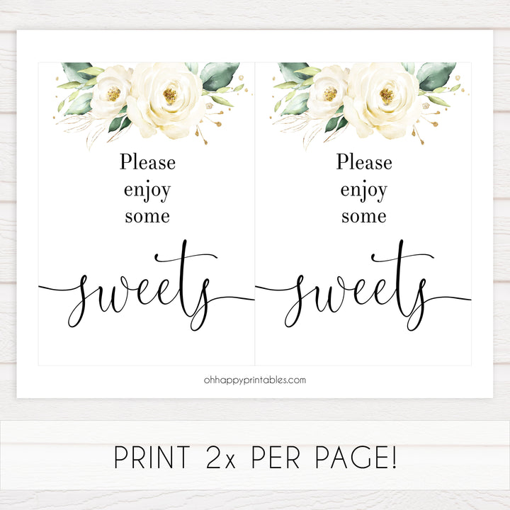 sweets baby shower table signs, White floral baby decor, printable baby table signs, printable baby decor, baby botanical table signs, fun baby signs, baby white floral fun baby table signs