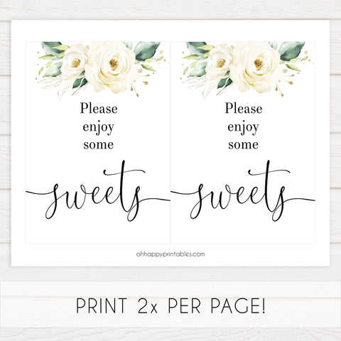 sweets baby shower table signs, White floral baby decor, printable baby table signs, printable baby decor, baby botanical table signs, fun baby signs, baby white floral fun baby table signs