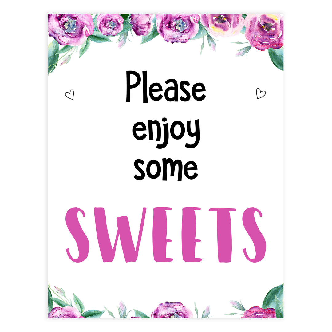 sweets baby shower decor, sweets baby signs, purple peonies baby signs, printable baby shower signs, fun baby shower ideas