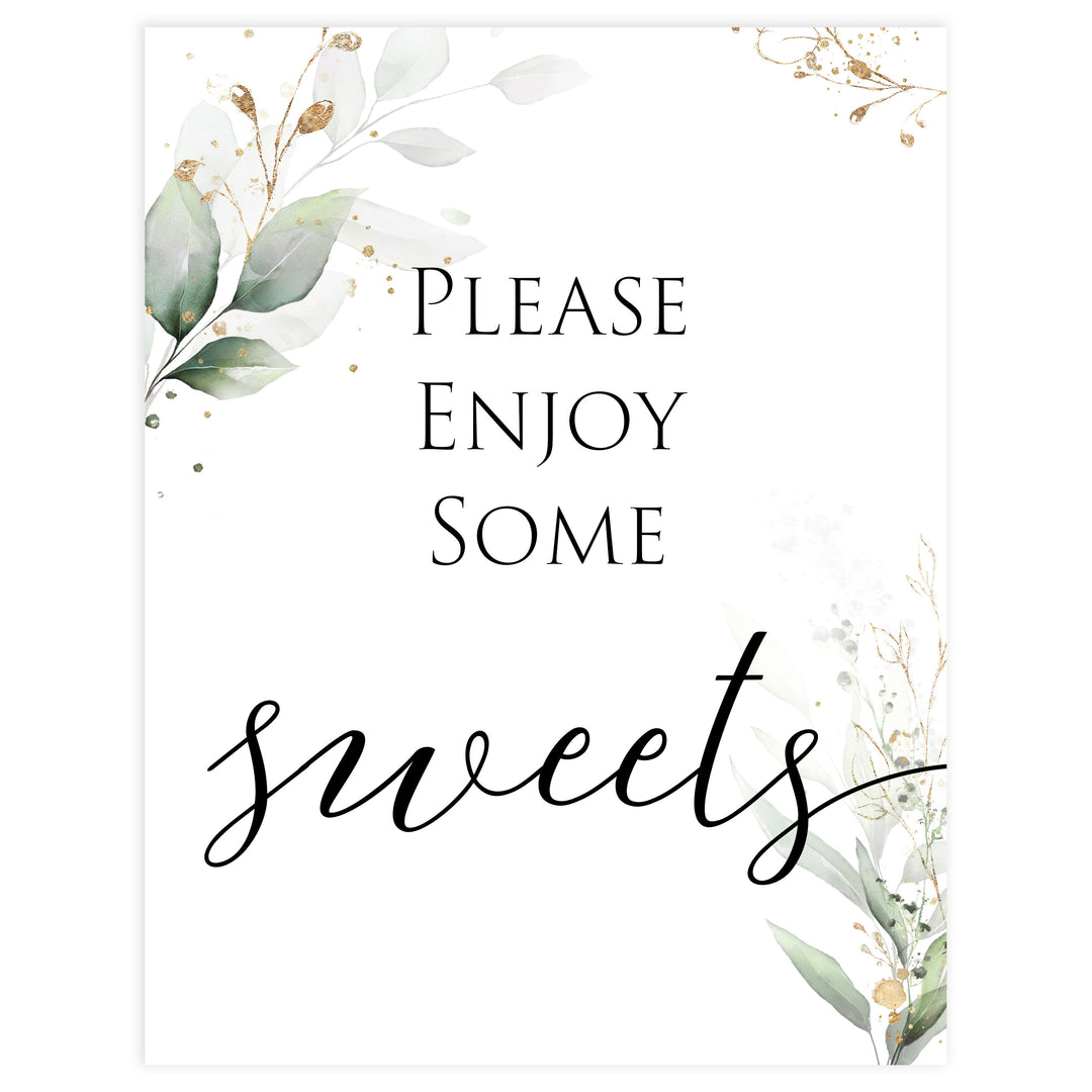 Gold green leaf baby signs, sweets baby sign, printable baby shower decor, fun baby signs, top baby games to play, gold leaf baby shower decor, greenery baby shower ideas