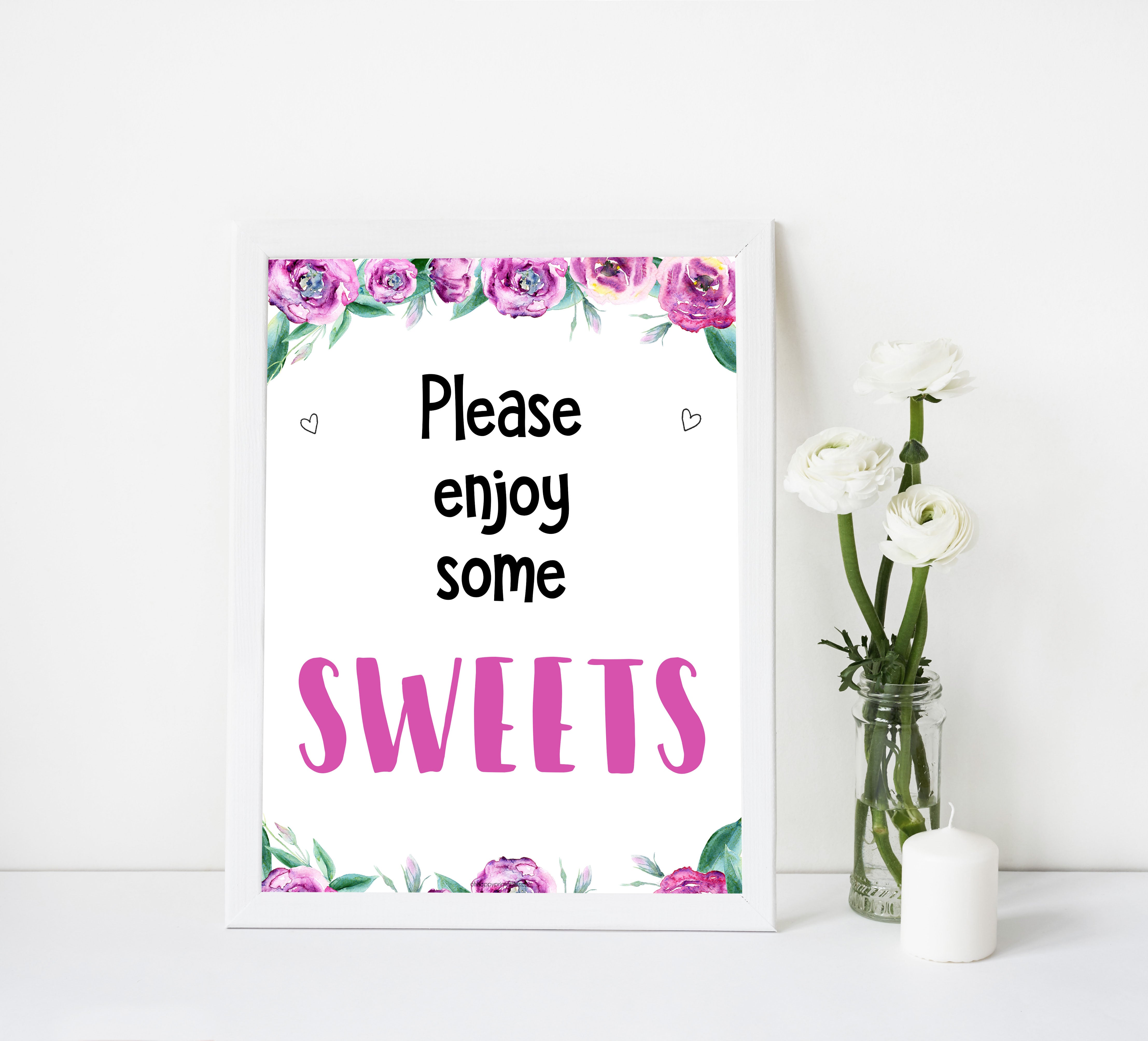 sweets baby shower decor, sweets baby signs, purple peonies baby signs, printable baby shower signs, fun baby shower ideas