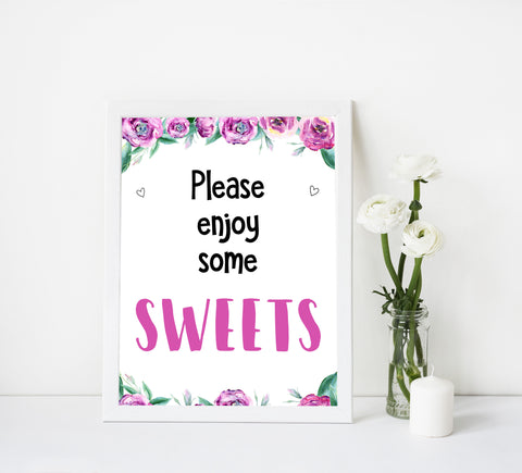sweets baby shower decor, sweets baby signs, purple peonies baby signs, printable baby shower signs, fun baby shower ideas
