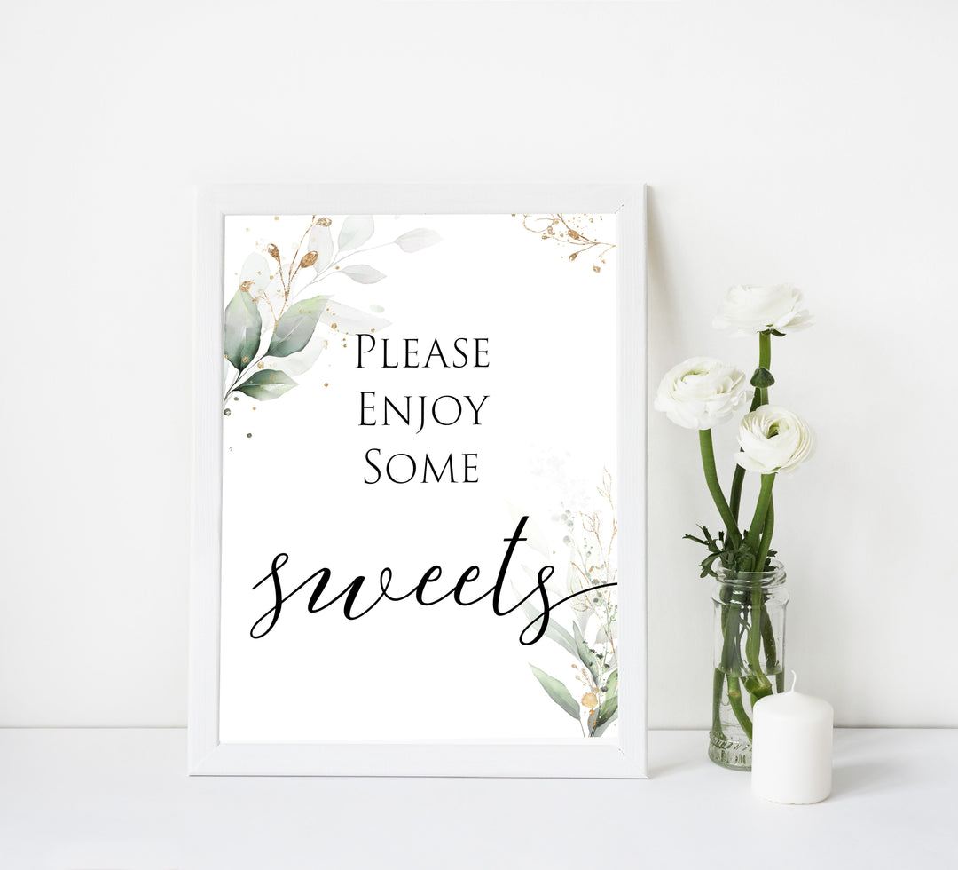 Gold green leaf baby signs, sweets baby sign, printable baby shower decor, fun baby signs, top baby games to play, gold leaf baby shower decor, greenery baby shower ideas