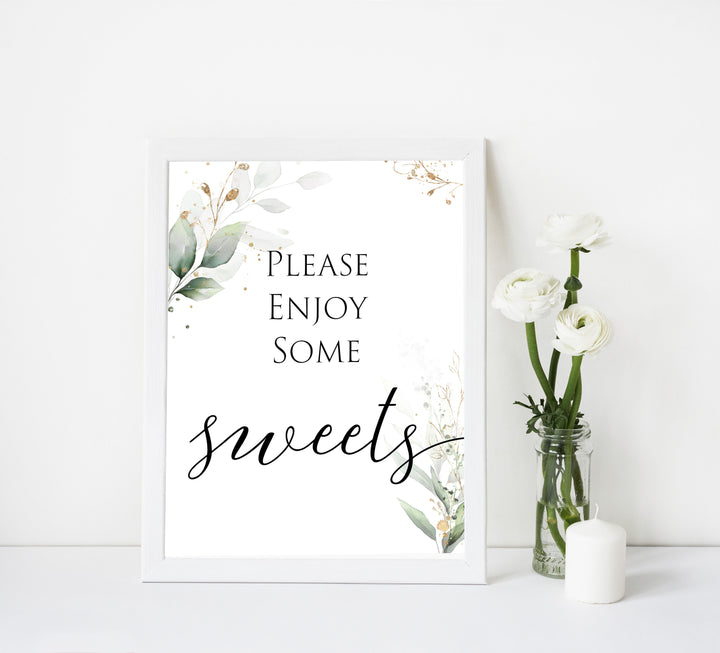 Gold green leaf baby signs, sweets baby sign, printable baby shower decor, fun baby signs, top baby games to play, gold leaf baby shower decor, greenery baby shower ideas