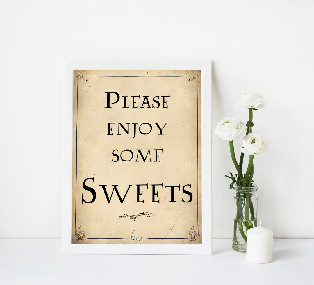 Sweets Baby Signs, Wizard baby shower signs, printable baby shower decor, Harry Potter baby decor, Harry Potter baby shower ideas, fun baby decor, fun baby signs