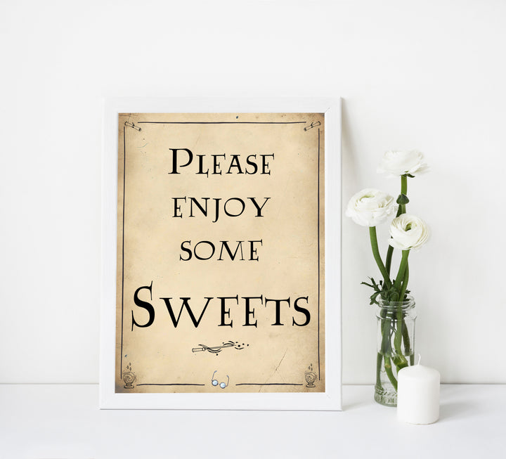 Sweets Baby Signs, Wizard baby shower signs, printable baby shower decor, Harry Potter baby decor, Harry Potter baby shower ideas, fun baby decor, fun baby signs