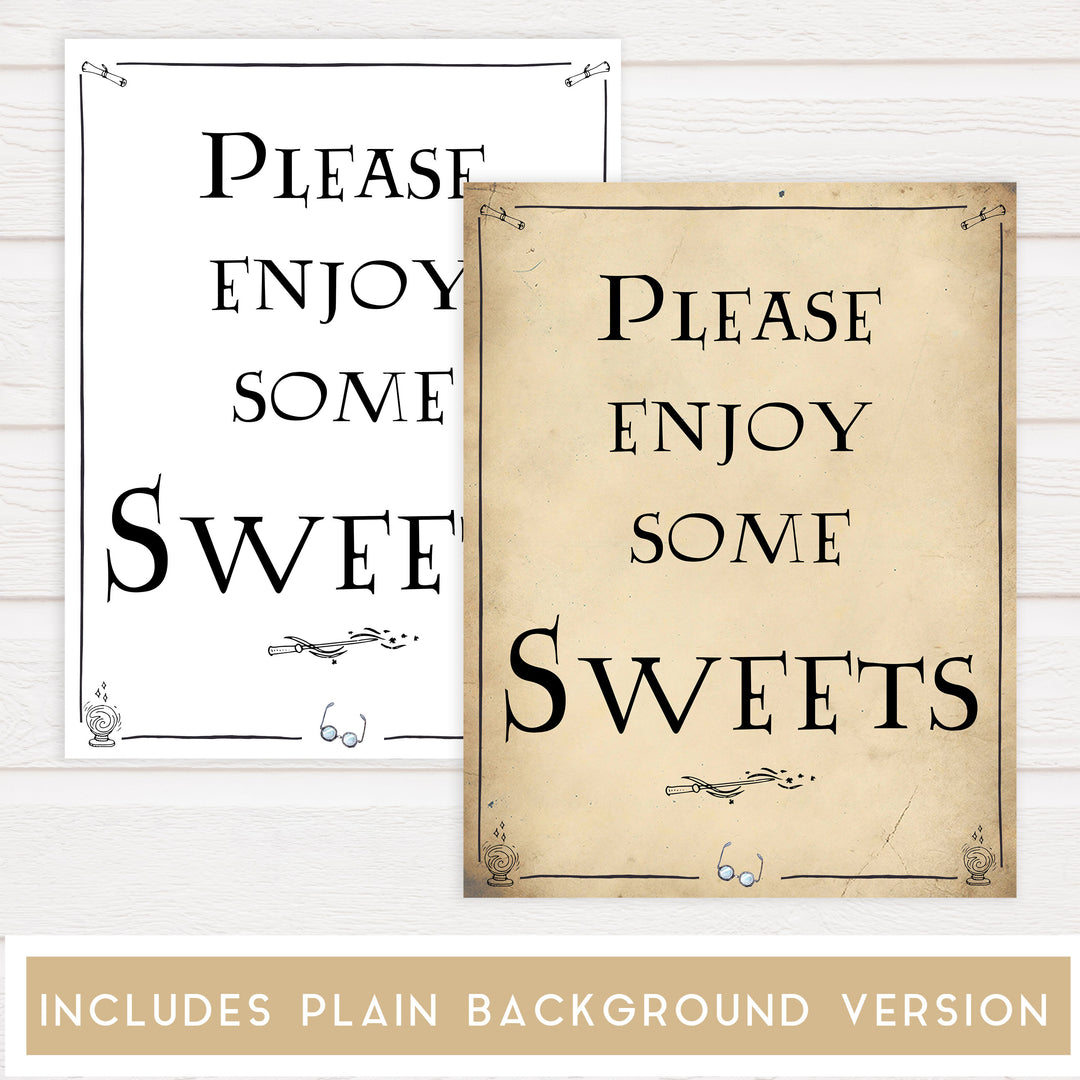 Sweets Baby Signs, Wizard baby shower signs, printable baby shower decor, Harry Potter baby decor, Harry Potter baby shower ideas, fun baby decor, fun baby signs