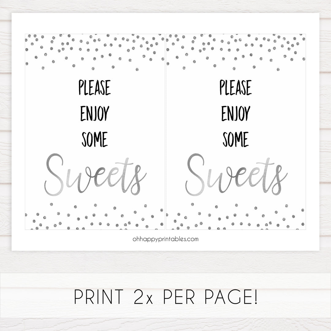 sweets baby table signs, sweets baby signs, Baby silver glitter baby decor, printable baby table signs, printable baby decor, baby silver glitter table signs, fun baby signs, baby silver fun baby table signs