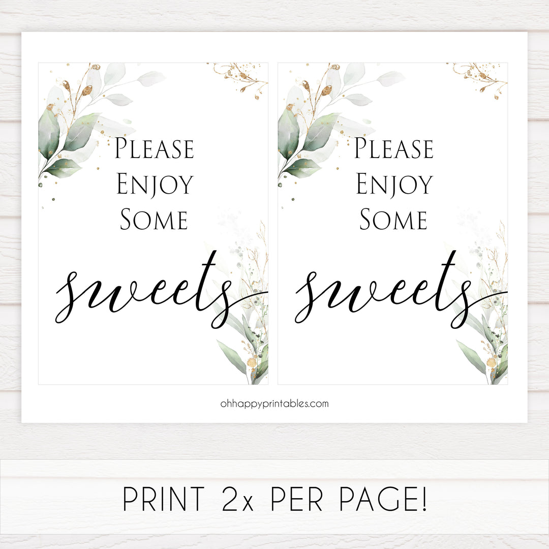 Gold green leaf baby signs, sweets baby sign, printable baby shower decor, fun baby signs, top baby games to play, gold leaf baby shower decor, greenery baby shower ideas