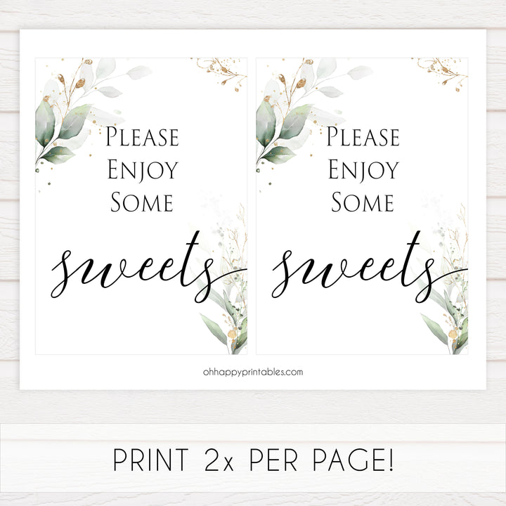 Gold green leaf baby signs, sweets baby sign, printable baby shower decor, fun baby signs, top baby games to play, gold leaf baby shower decor, greenery baby shower ideas