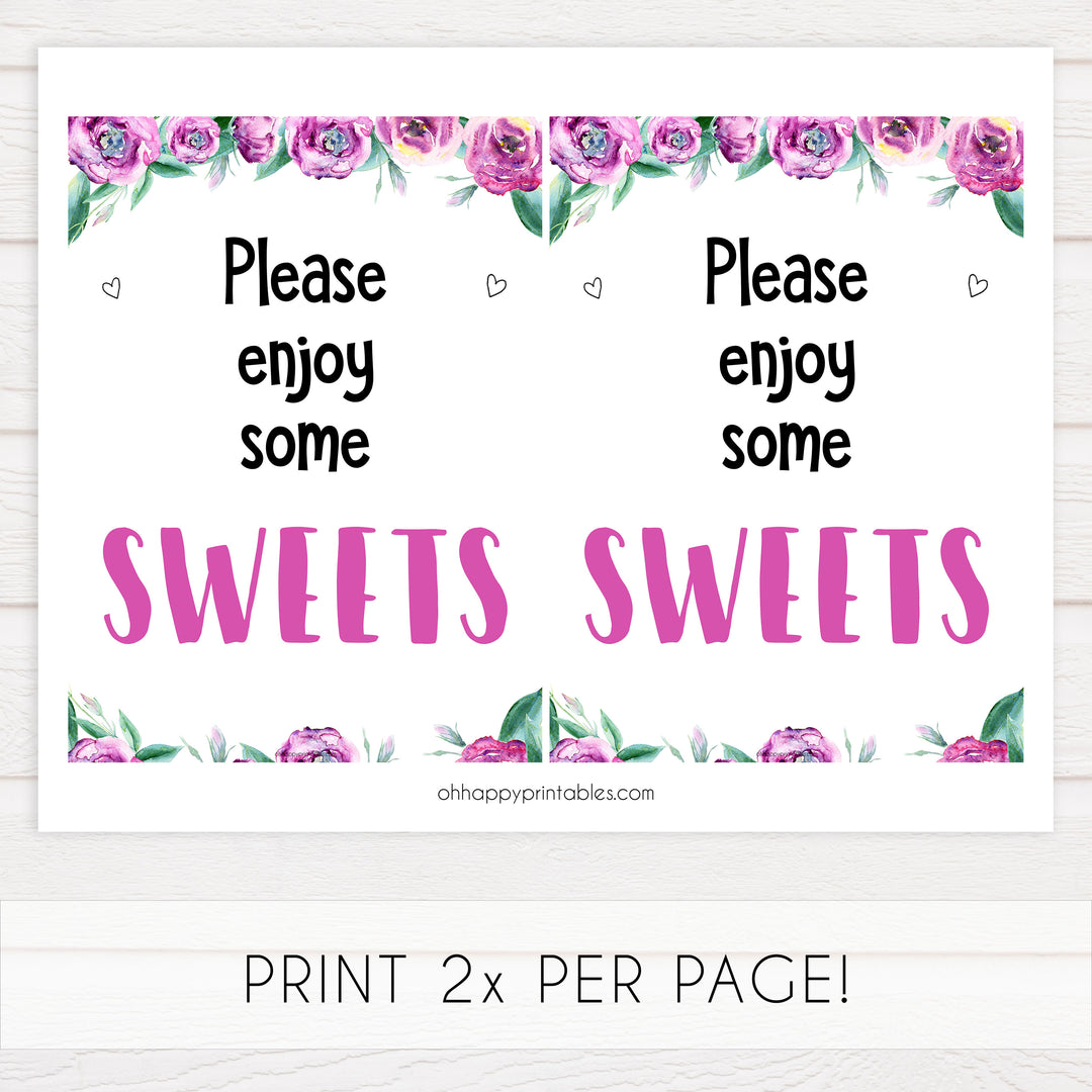 sweets baby shower decor, sweets baby signs, purple peonies baby signs, printable baby shower signs, fun baby shower ideas