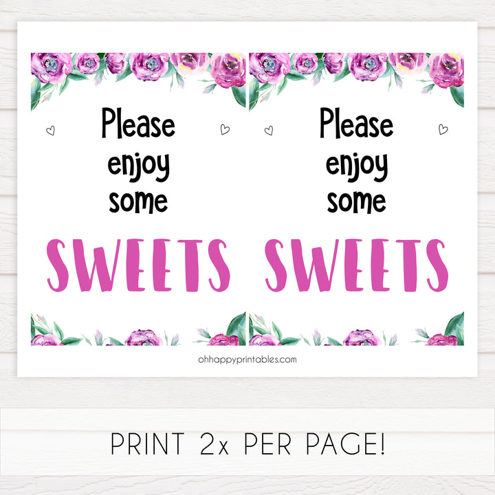 sweets baby shower decor, sweets baby signs, purple peonies baby signs, printable baby shower signs, fun baby shower ideas