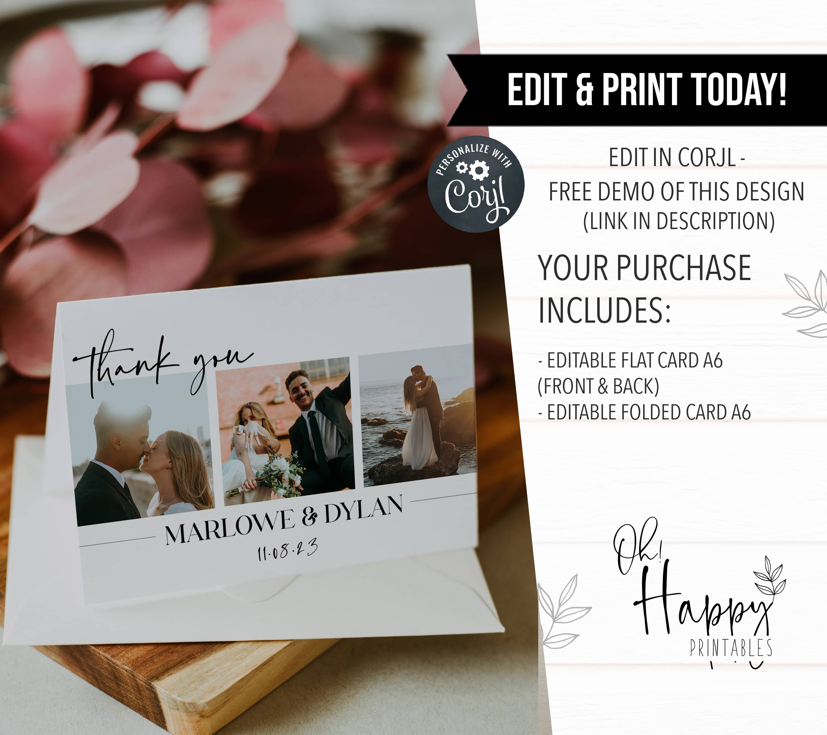 editable wedding thank you card, printable wedding thank you card, modern wedding thank you card