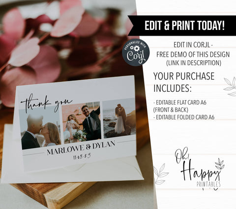 editable wedding thank you card, printable wedding thank you card, modern wedding thank you card