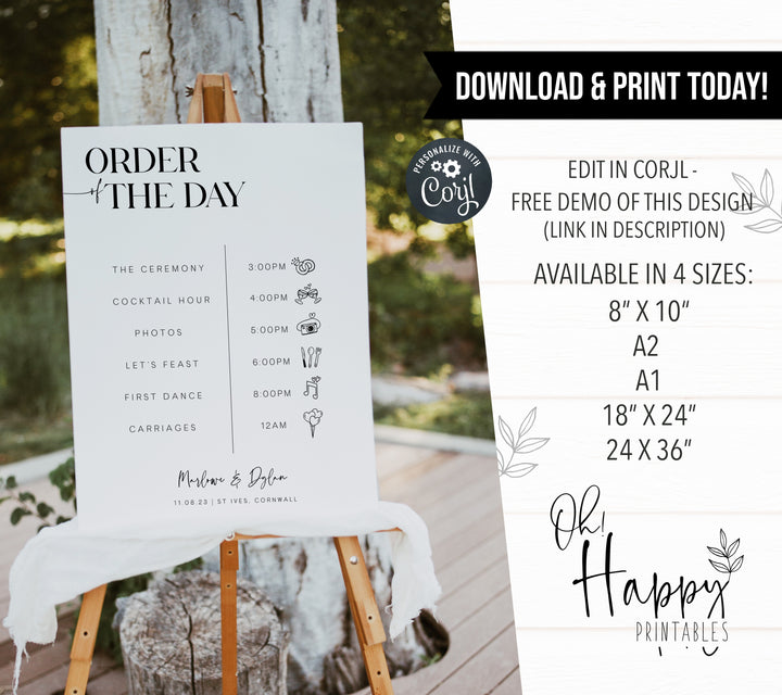 editable order of the day sign, wedding order of the day sign, printable wedding stationery, DIY wedding stationery, at home wedding stationery,
