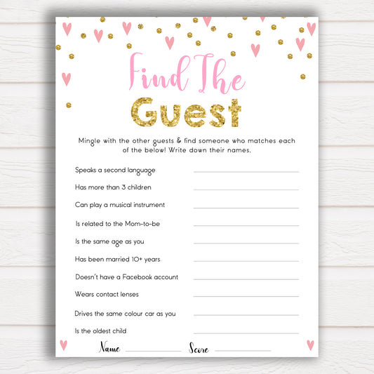 Find the Guest Baby Shower Game - Pink & Gold 