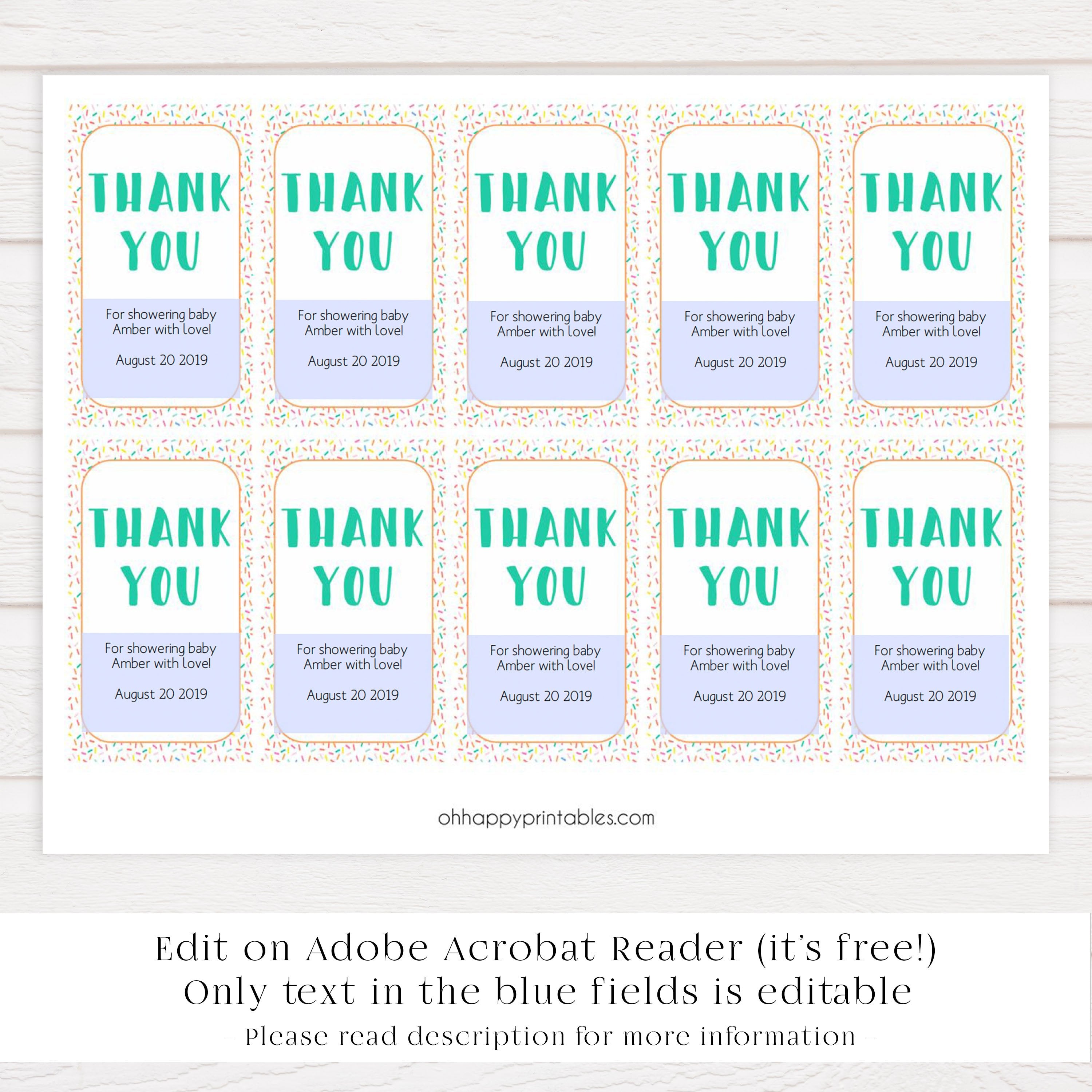 printable baby shower thank you tags, editable baby shower thank you tags, baby sprinkle thank you tags, baby sprinkle ideas