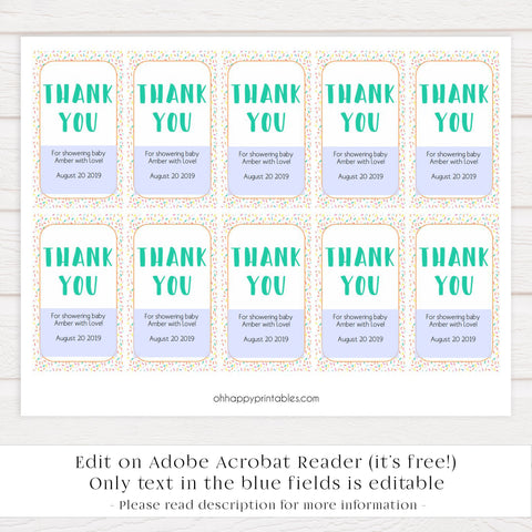 printable baby shower thank you tags, editable baby shower thank you tags, baby sprinkle thank you tags, baby sprinkle ideas