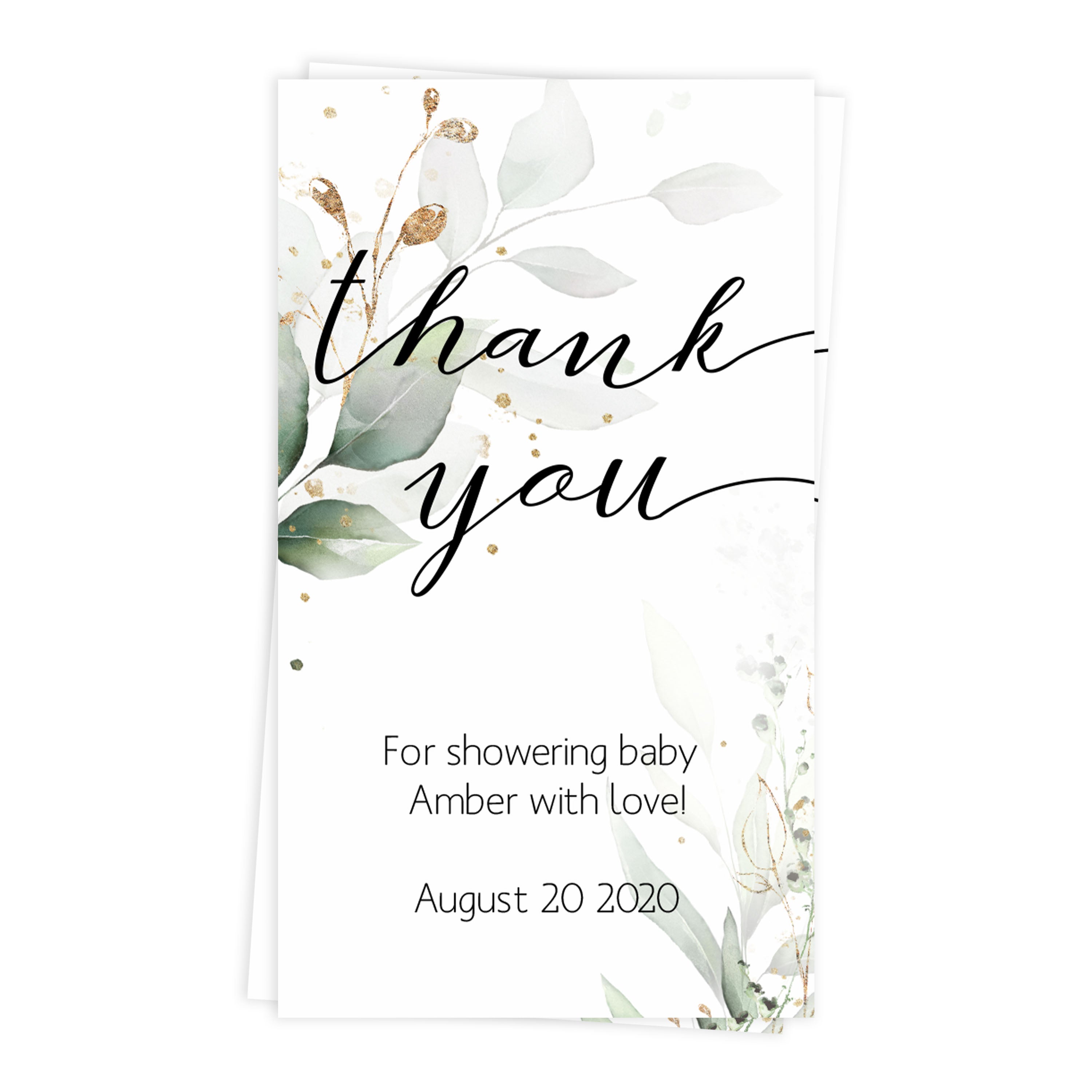 printable baby shower thank you tags, editable baby shower tags, gold leaf baby thank you tags, fun baby shower decor, baby tags