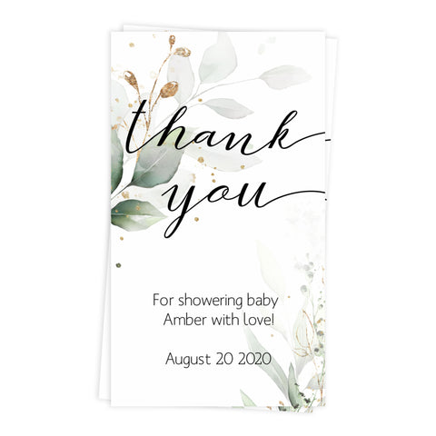 printable baby shower thank you tags, editable baby shower tags, gold leaf baby thank you tags, fun baby shower decor, baby tags