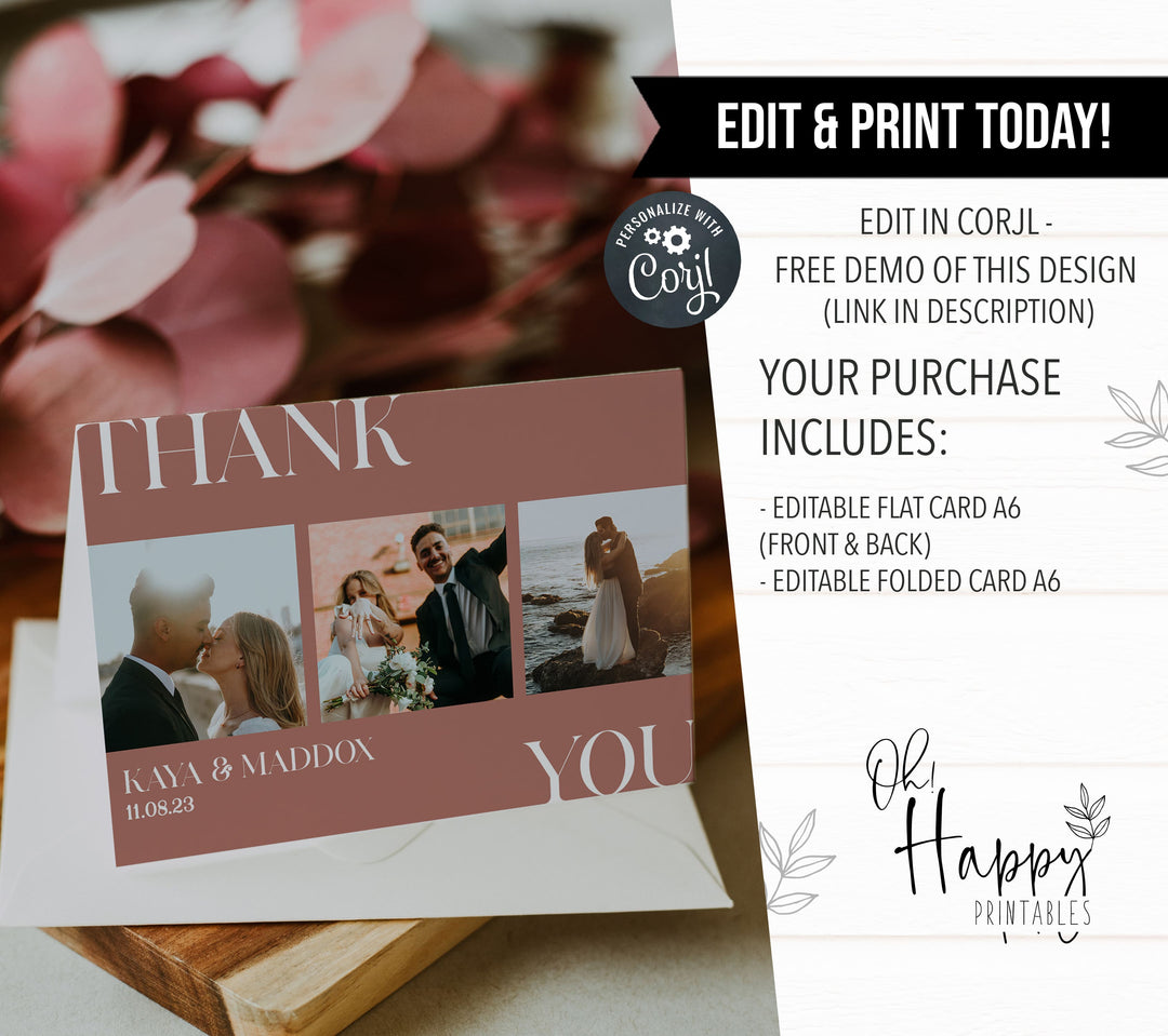 editable wedding thank you card, printable wedding thank you cards, dusty rose wedding invitation suite, editable wedding stationery, printable wedding stationery, modern wedding items, wedding save the dates
