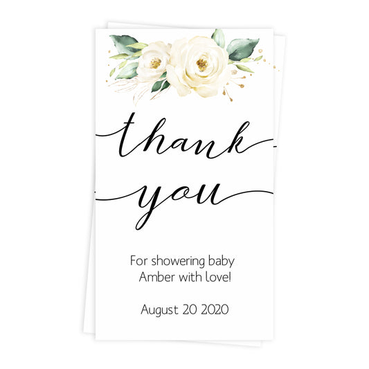 editable thank you tags, White floral baby decor, printable baby table signs, printable baby decor, baby botanical table signs, fun baby signs, baby white floral fun baby table signs