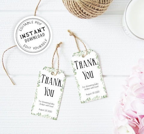 baby shower thank you tags, editable baby thank you tags, printable baby thank you tags, greenery baby thank you tags, botanical baby thank you tags