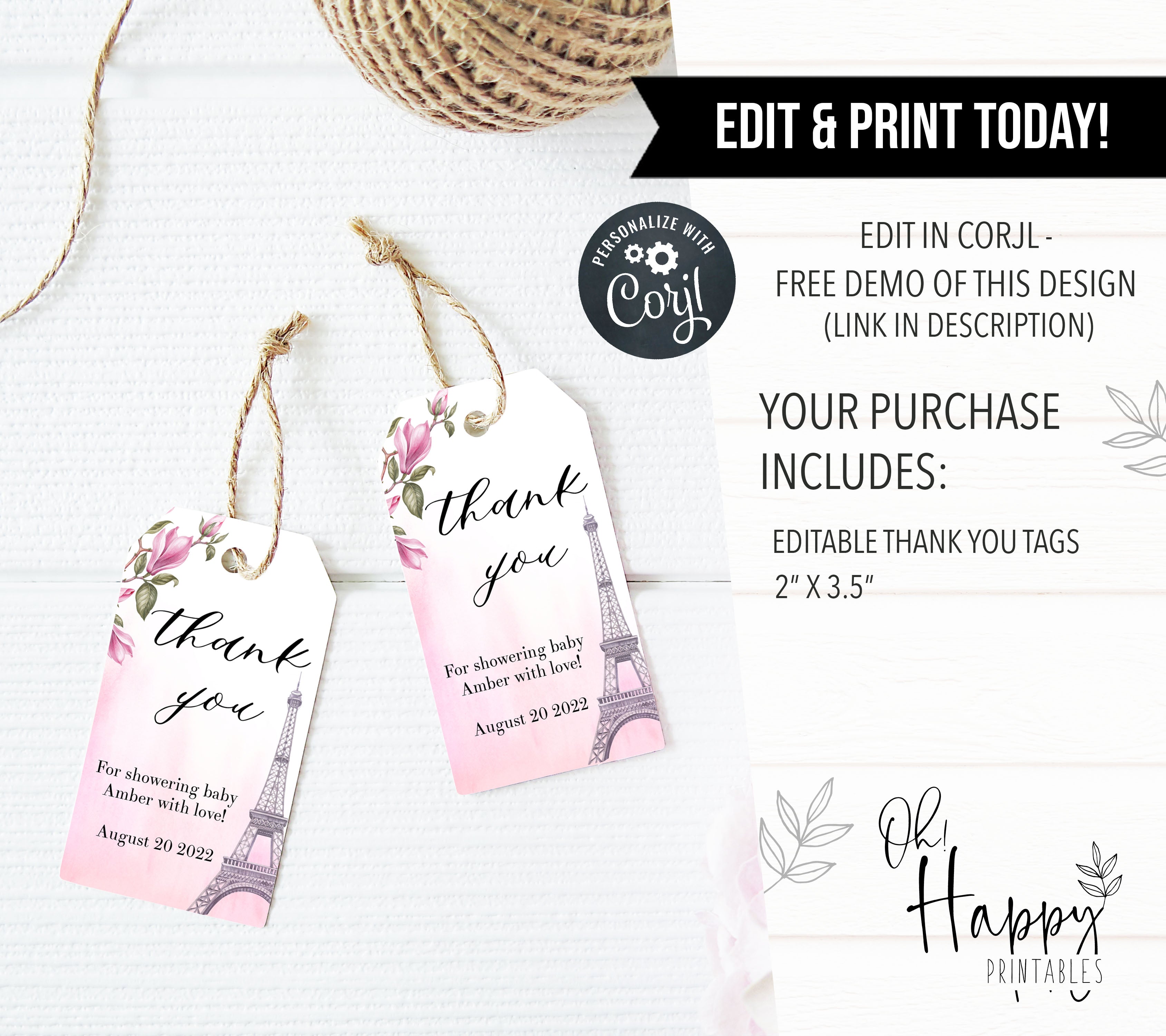 editable thank you tags, Paris baby shower games, printable baby shower games, Parisian baby shower games, fun baby shower games